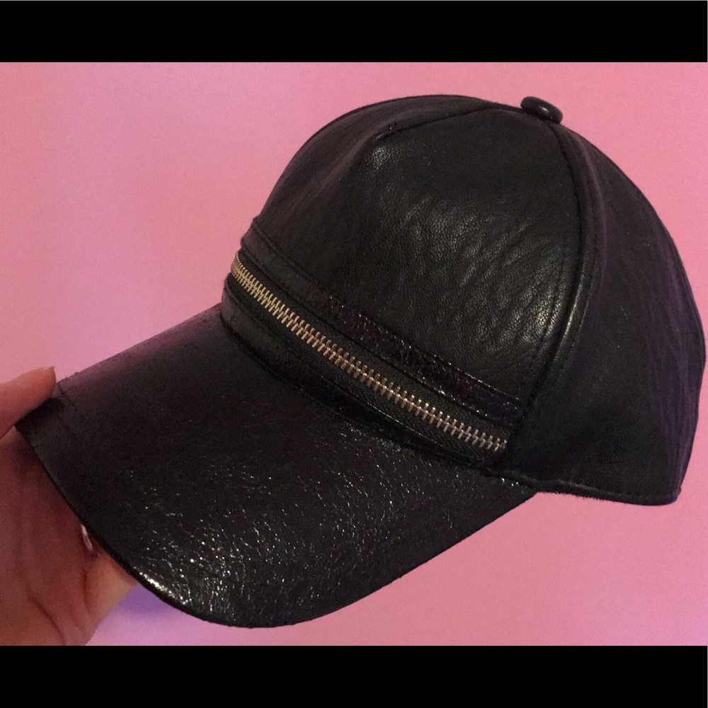 Black Leather Hat with Gold Zipper